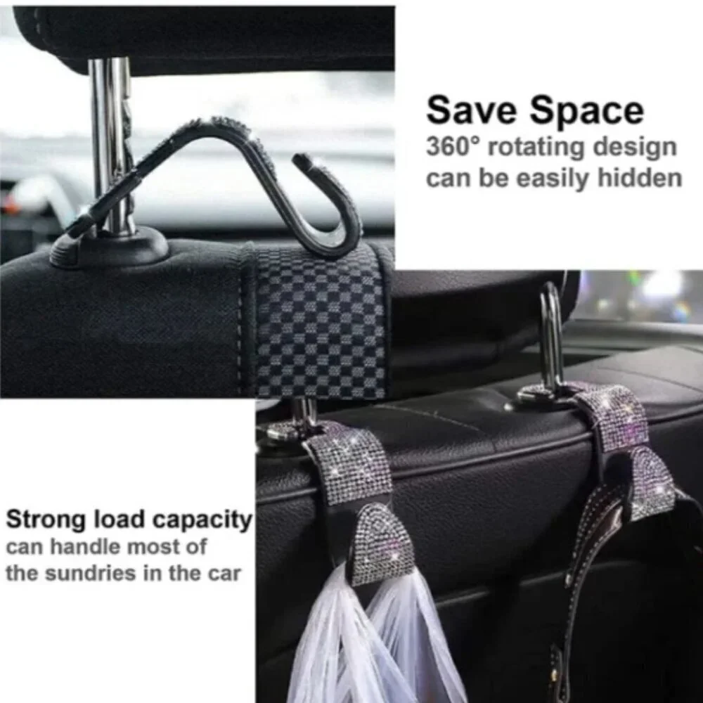 Car Seat Hooks (2 Pack) Bling Rhinestones Crystal Hanger Organizer Universal